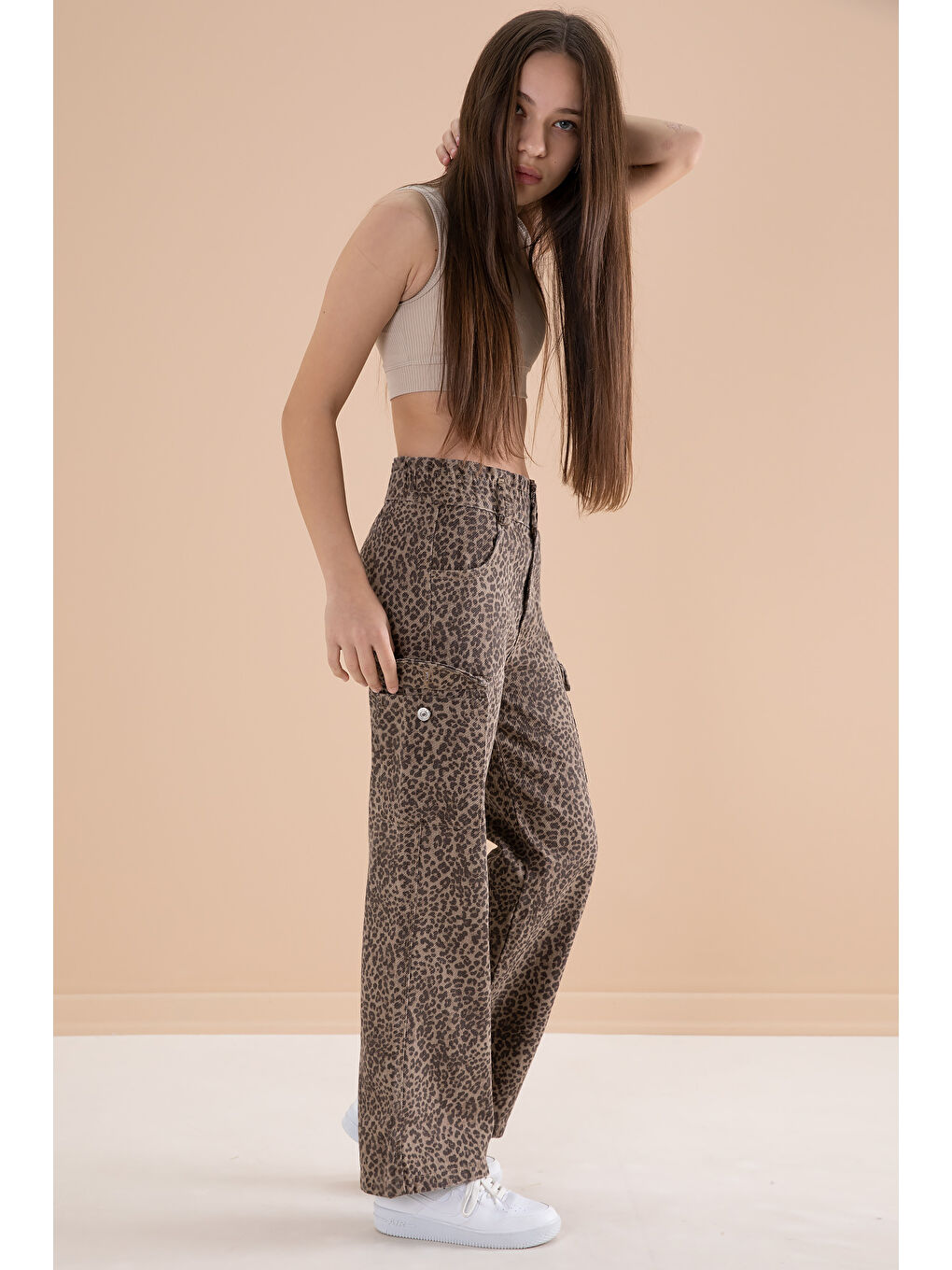 Kahverengi Kahve Leopar Desenli Geniş Paça Kız Çocuk Jean Pantolon 20143