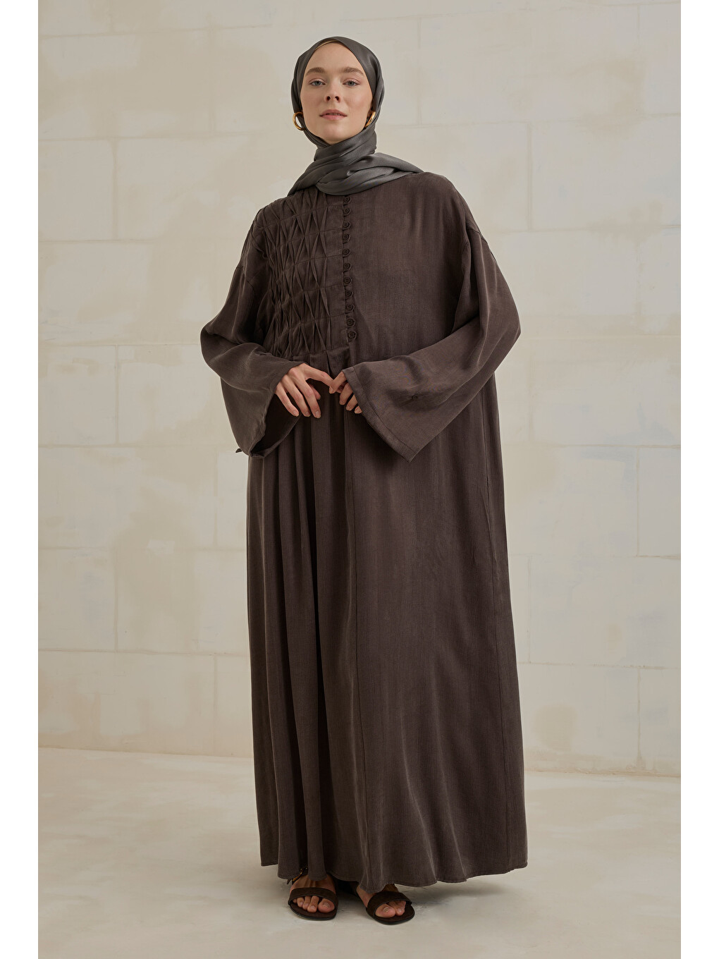 Kahverengi Nervür Motifli Liyosel Abaya Acı Kahve-2