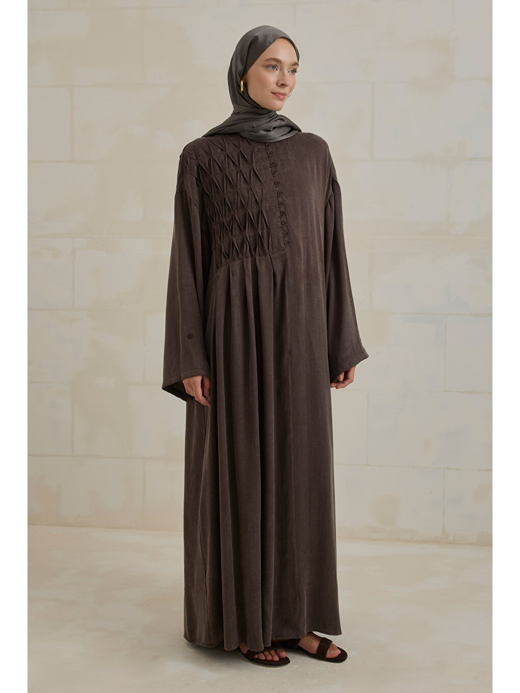 Kahverengi Nervür Motifli Liyosel Abaya Acı Kahve-3