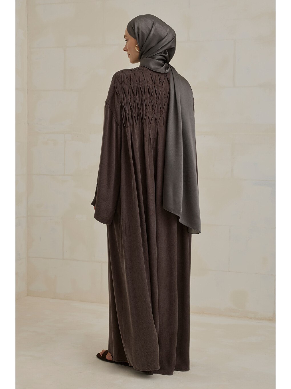 Kahverengi Nervür Motifli Liyosel Abaya Acı Kahve-4
