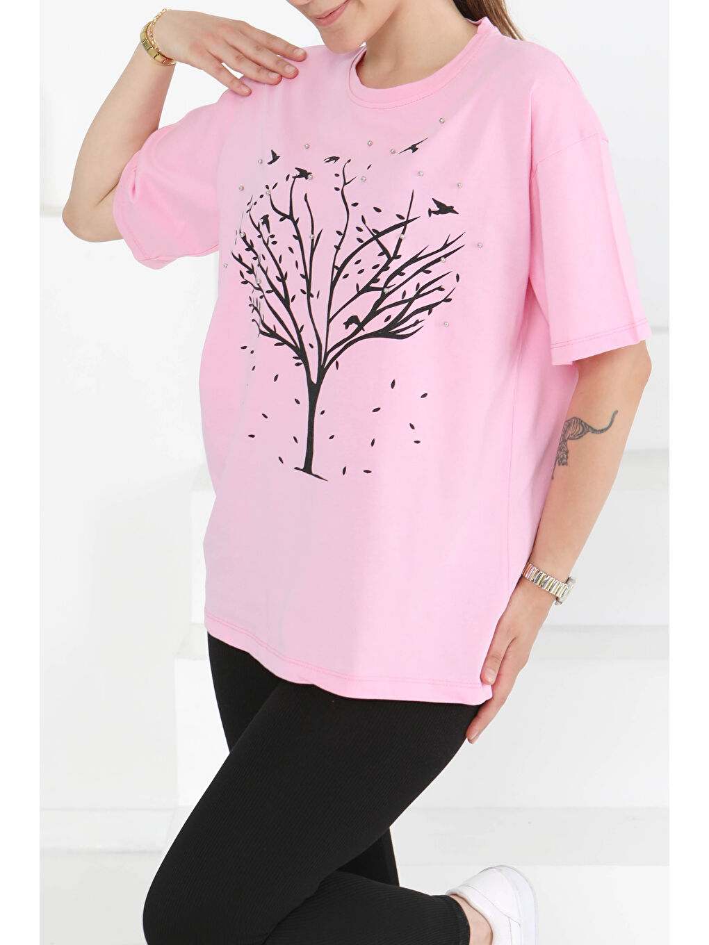 Baskılı Taşlı T-Şhirt Pembe - 27375-2