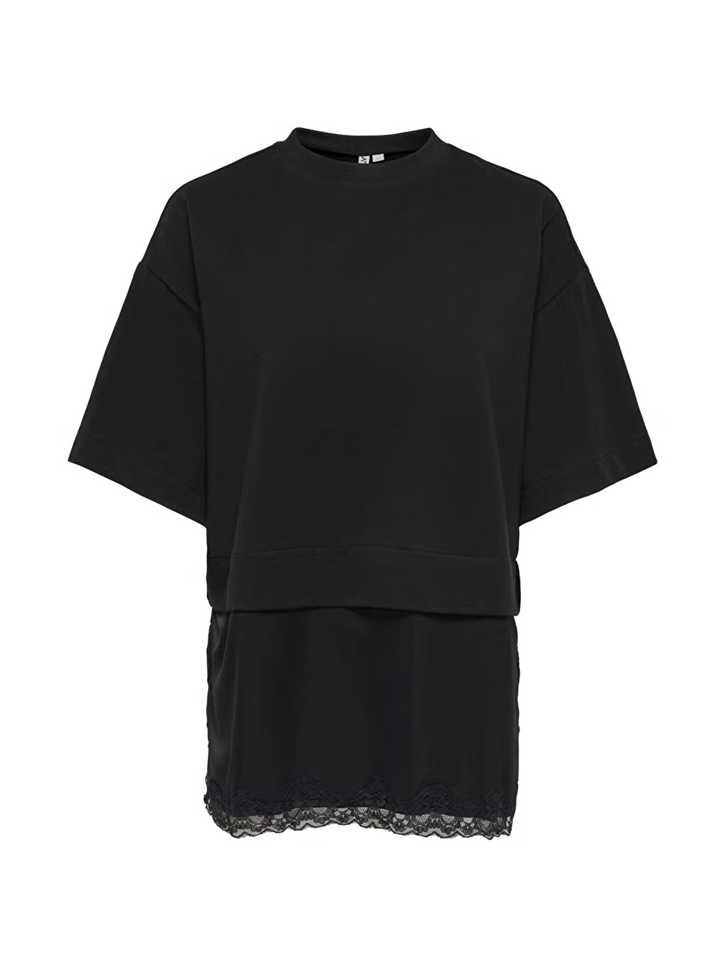Siyah Onlmexa Pamuklu Regular Fit Dantel Detaylı Kadın T Shirt 15382176-4