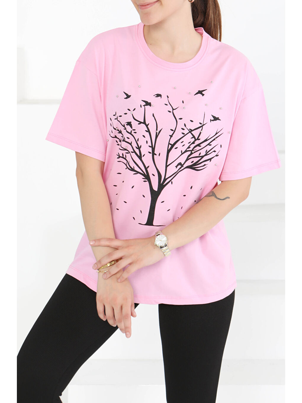 Baskılı Taşlı T-Şhirt Pembe - 27375-3