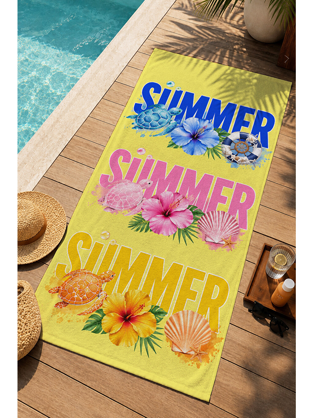 Pembe Pop Art Summer Yazılı Renkli Desenli 70x150 Plaj Havlusu - Dijital Baskılı Solmaz Banyo Havlusu-1