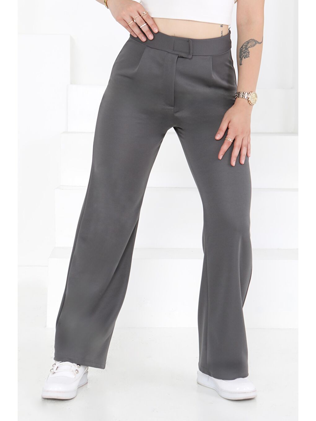 Gri Palazzo Pantolon Füme - 27077-1