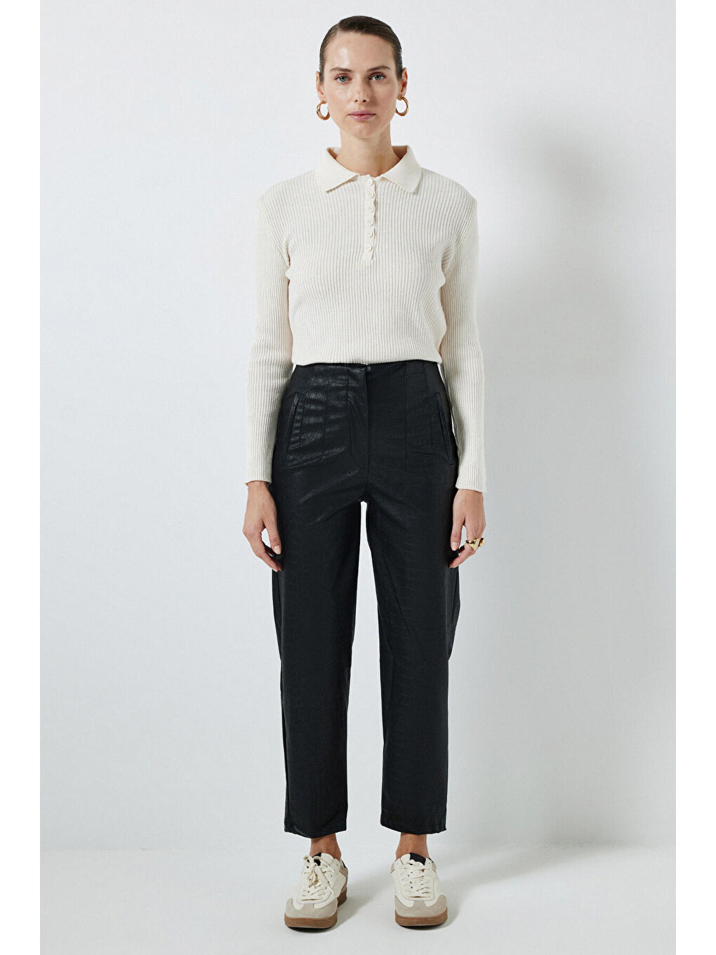 Siyah Timsah Desen Yüksek Bel Deri Pantolon