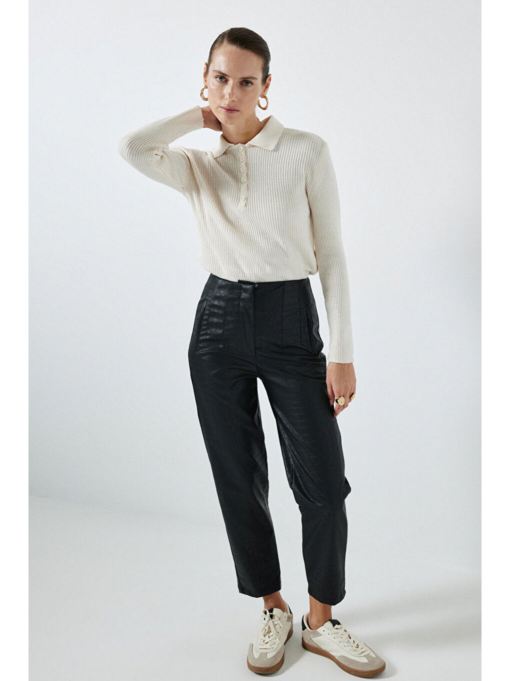 Siyah Timsah Desen Yüksek Bel Deri Pantolon-1