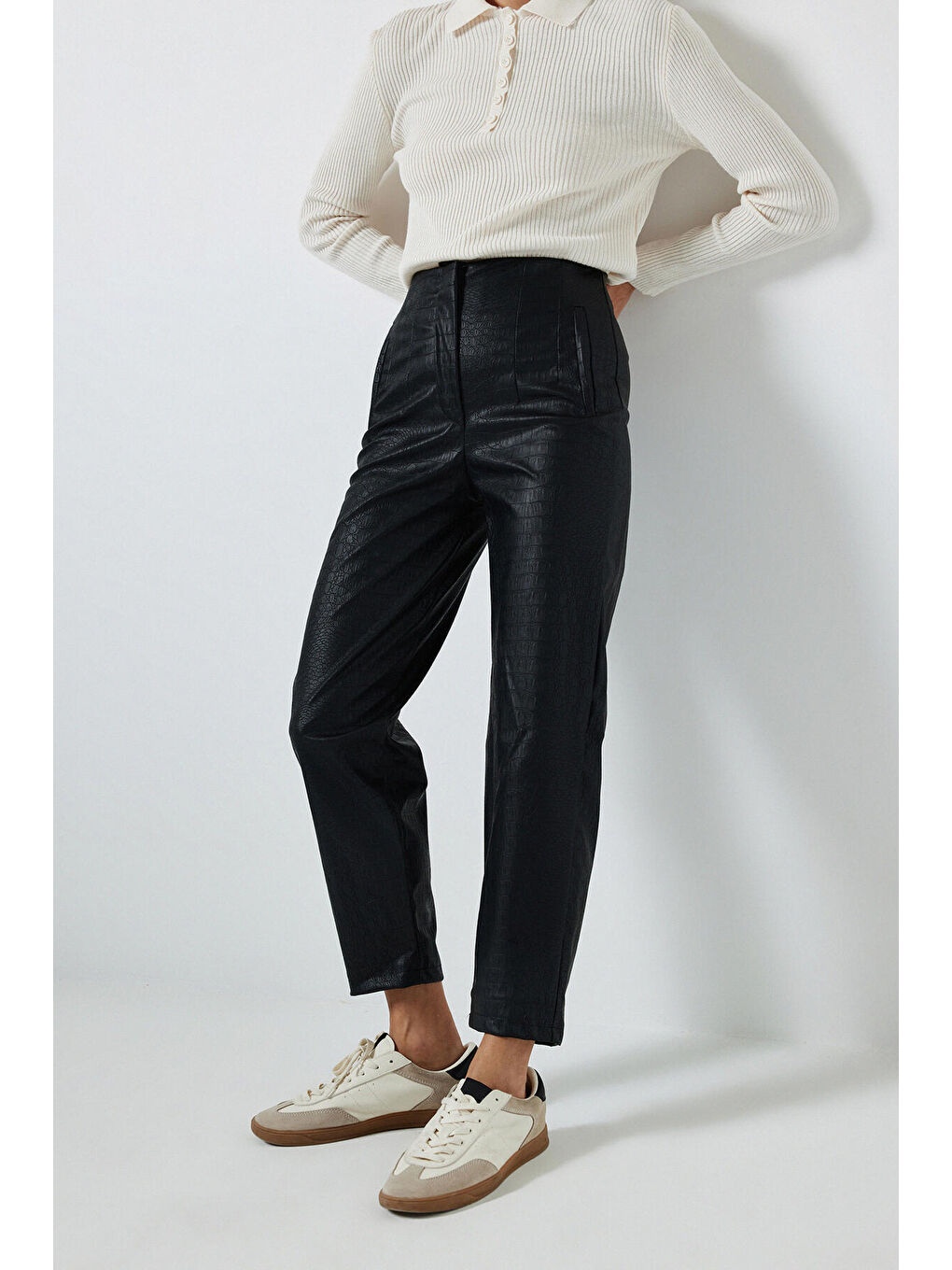 Siyah Timsah Desen Yüksek Bel Deri Pantolon-2