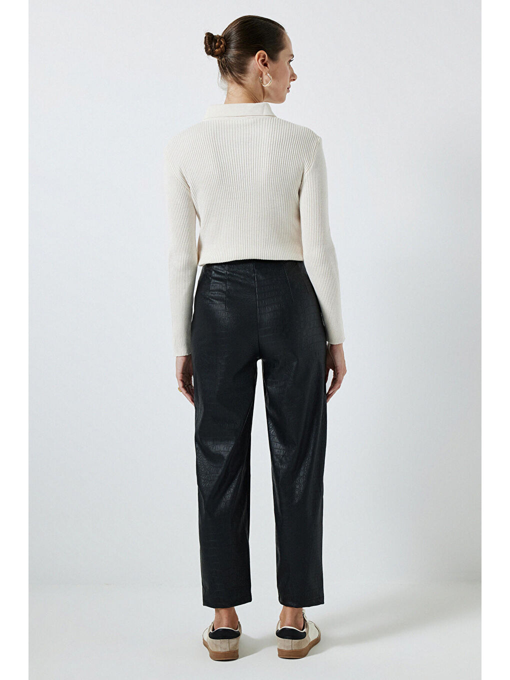 Siyah Timsah Desen Yüksek Bel Deri Pantolon-3