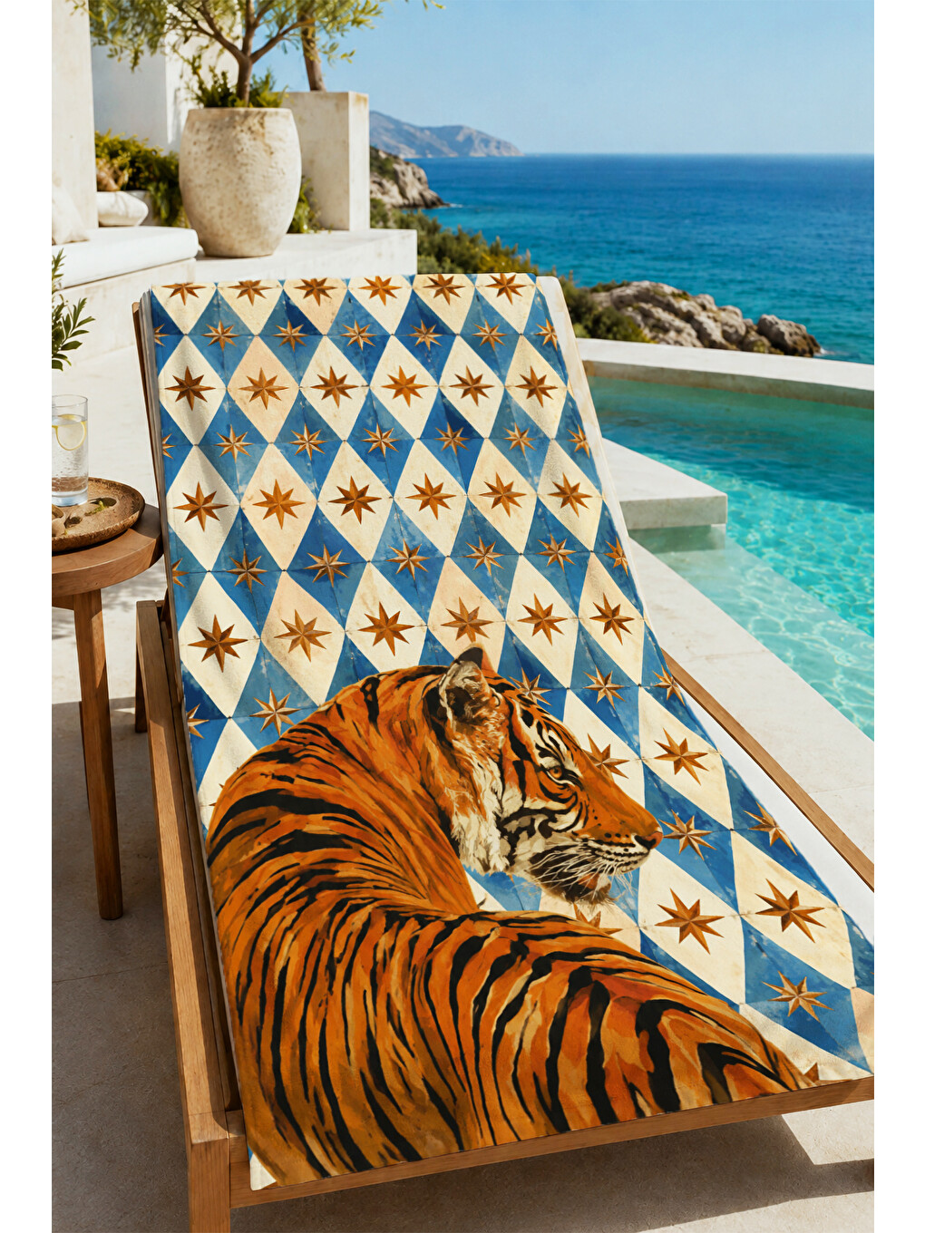 Sarı Maximalist Kaplan Mavi Altın Baklava Geometrik Desenli 70x150 Plaj Havlusu - Pamuklu Banyo Havlusu