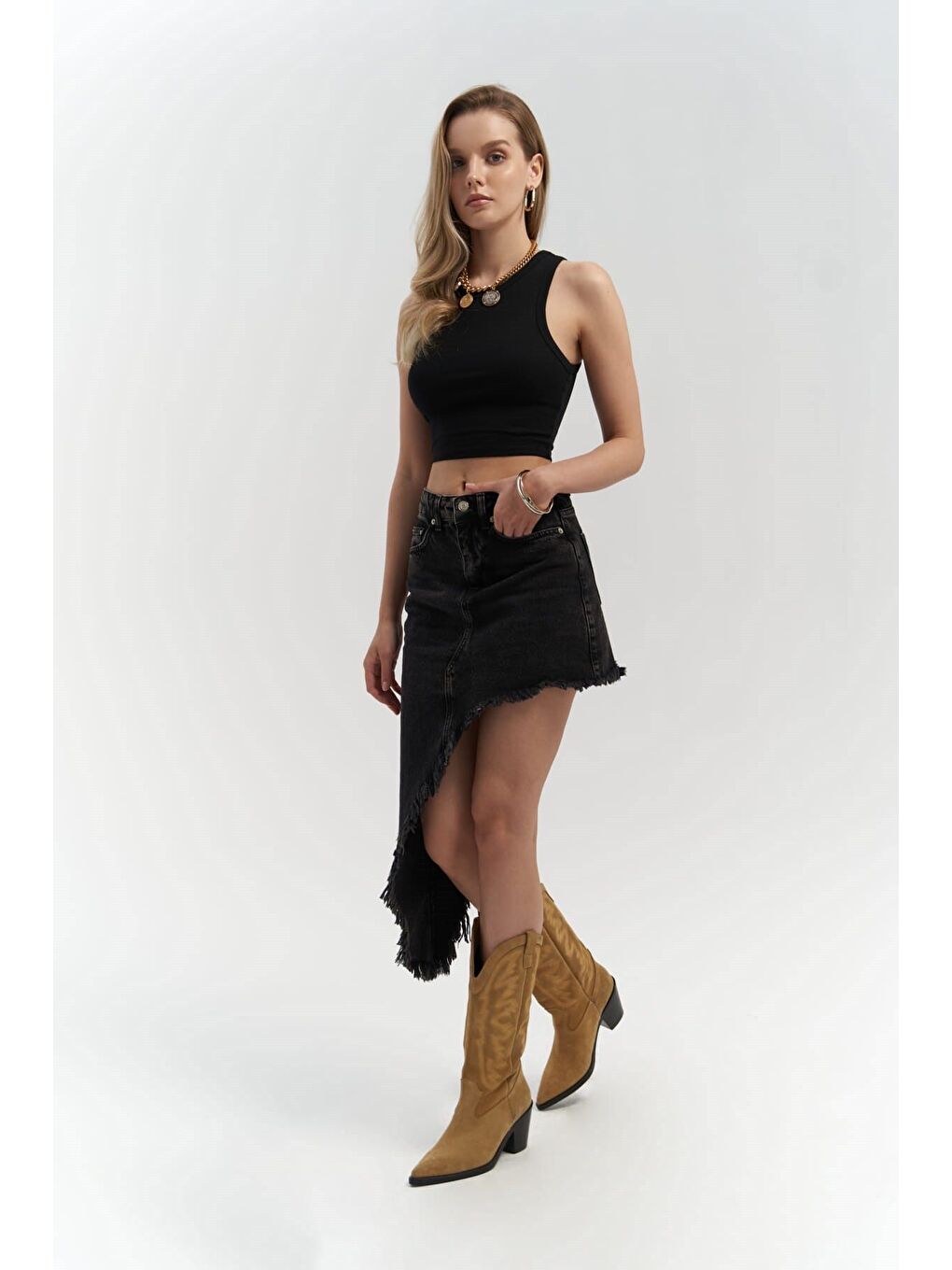Matteau Püskül Detay Siyah Jean Etek