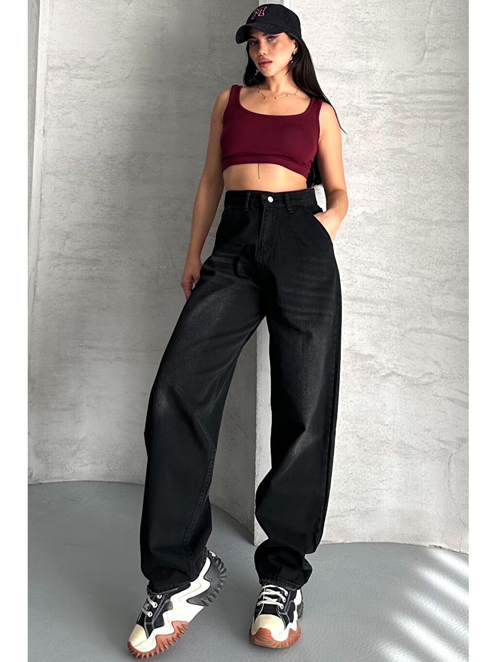 Yan Cepli Baggy Pantolon Siyah - 27359