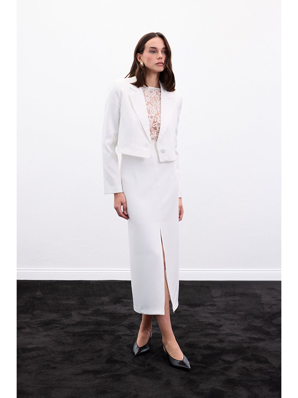 Yırtmaçlı Midi Etek - Ekru-1