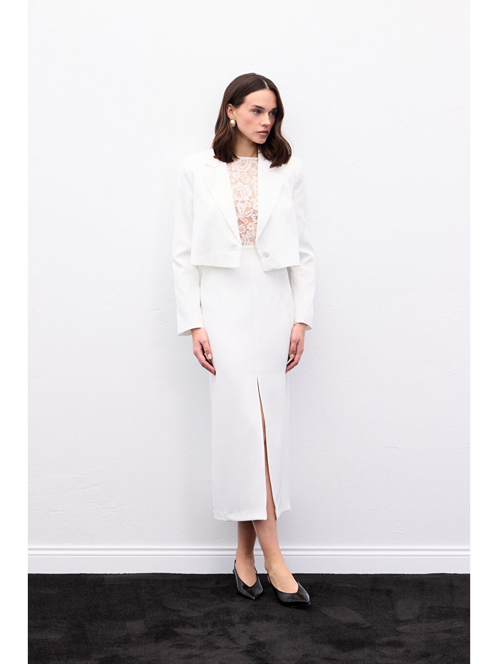 Yırtmaçlı Midi Etek - Ekru-2