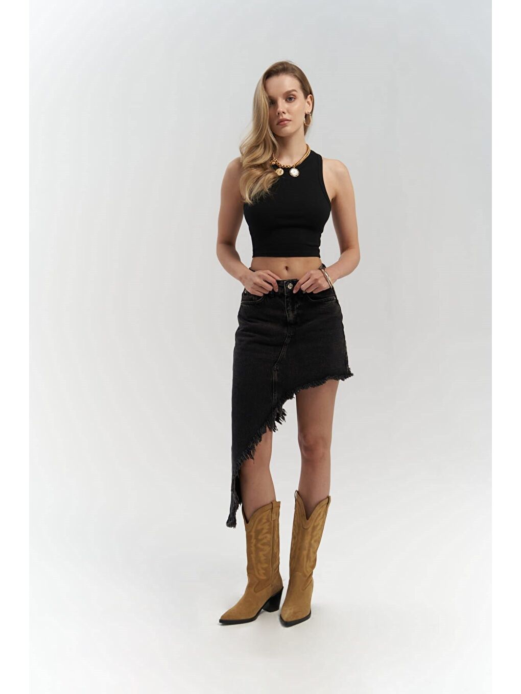 Matteau Püskül Detay Siyah Jean Etek-1