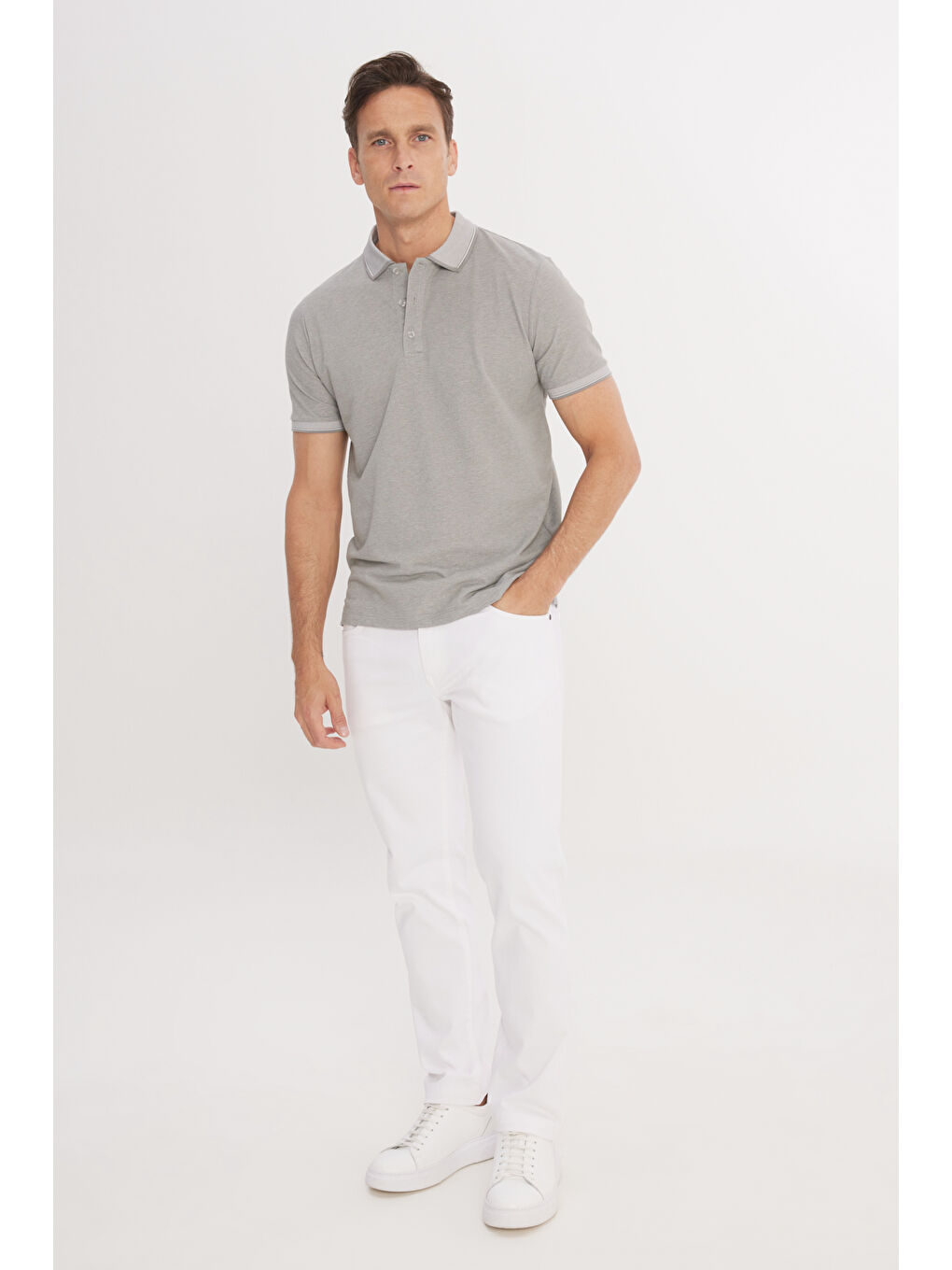 Erkek Gri Slim Fit Dar Kesim Kıvrılmaz Polo Yaka Kısa Kollu Tişört-2