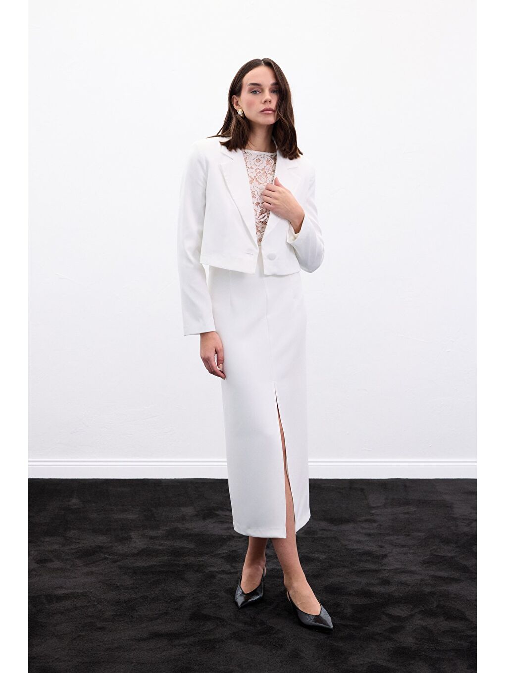 Yırtmaçlı Midi Etek - Ekru-4