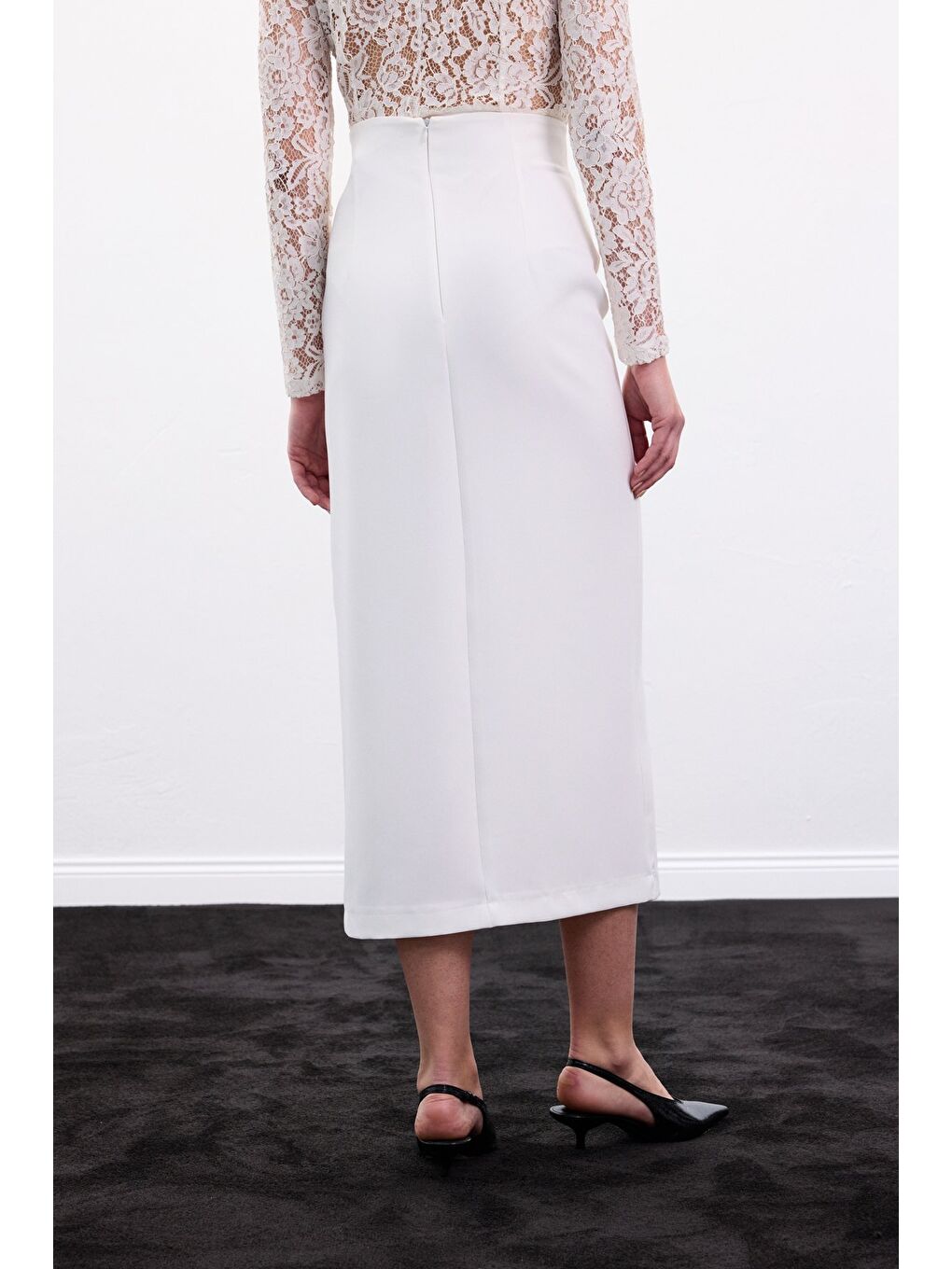 Yırtmaçlı Midi Etek - Ekru-6