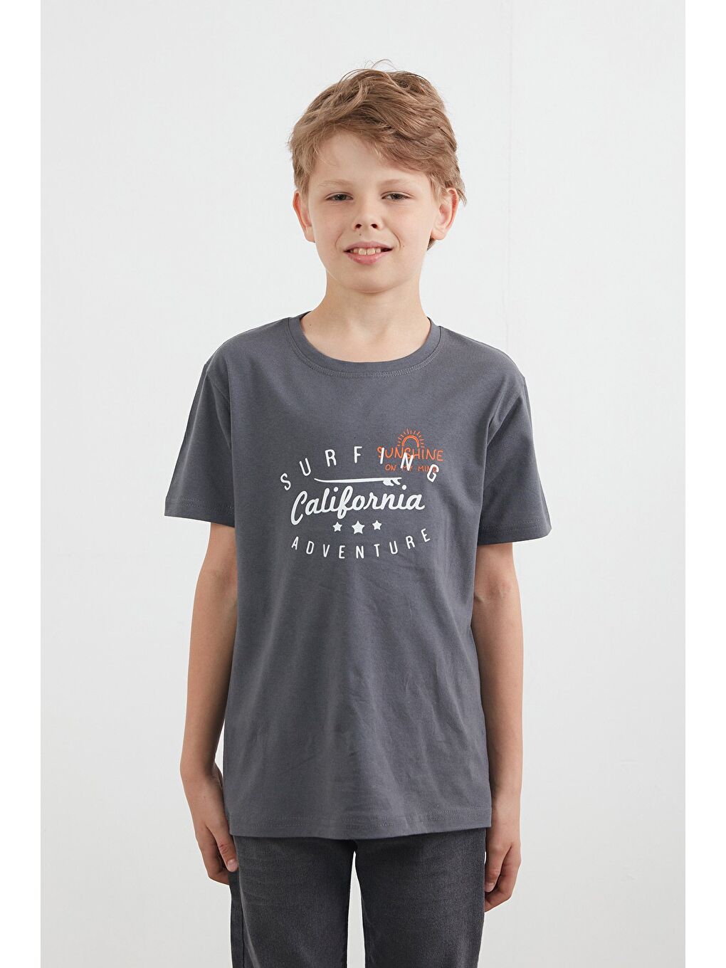 Antrasit %100 Pamuk Önü Ve Arkası Yazı Baskılı Erkek Çocuk Tişört-2