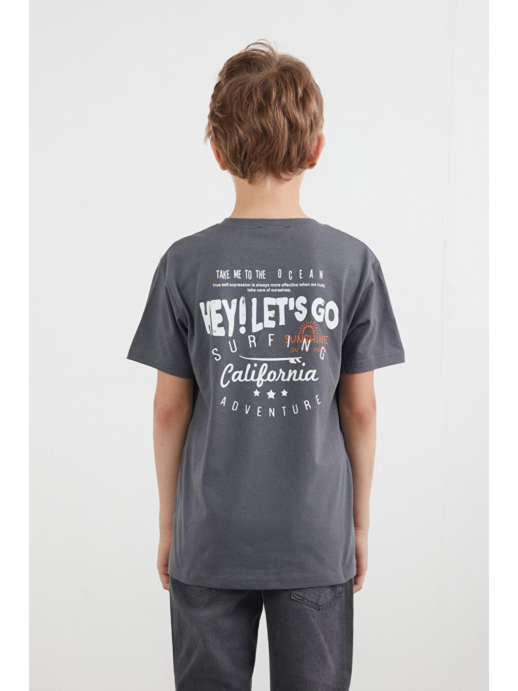 Antrasit %100 Pamuk Önü Ve Arkası Yazı Baskılı Erkek Çocuk Tişört-4