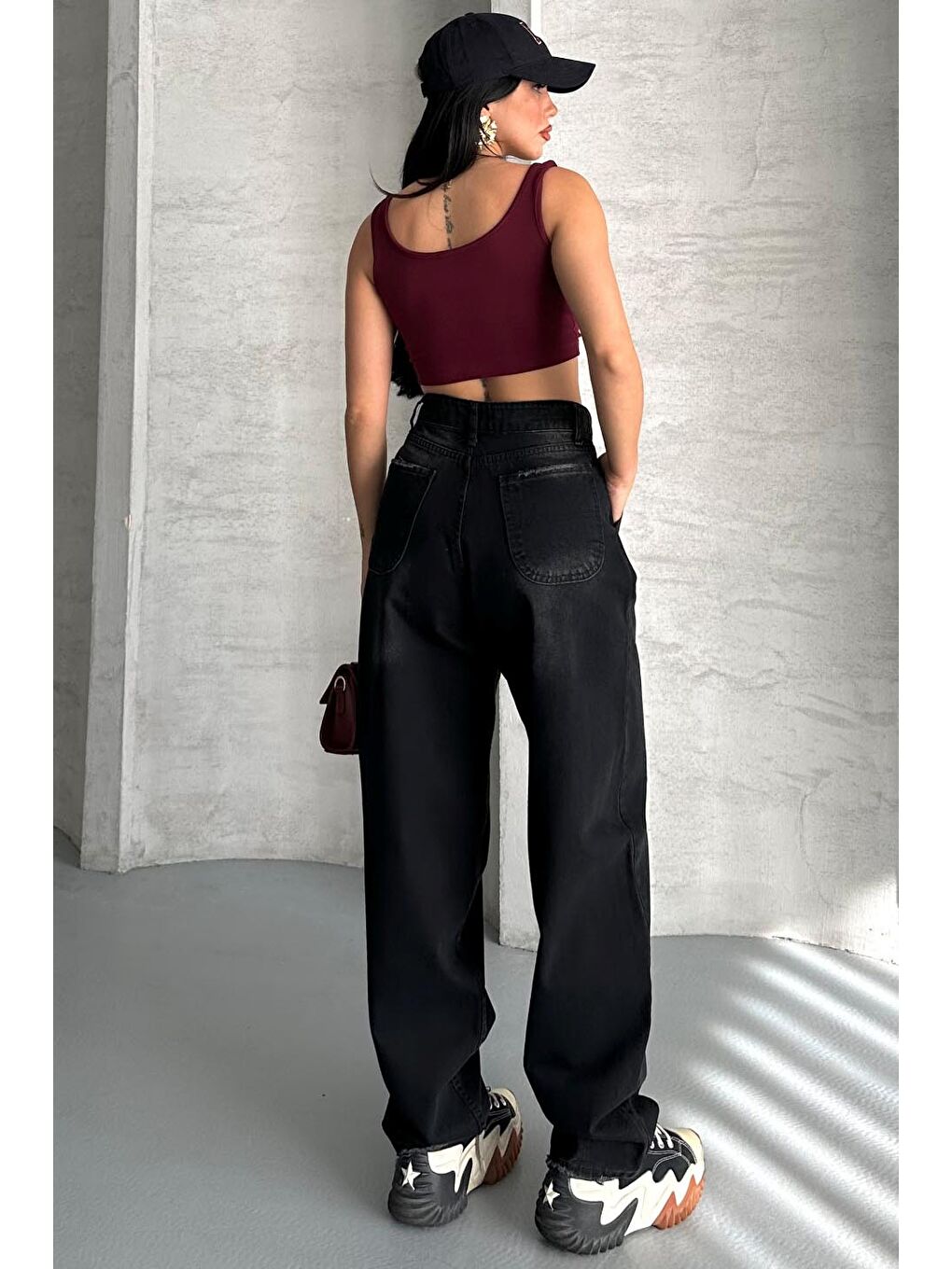 Yan Cepli Baggy Pantolon Siyah - 27359-4