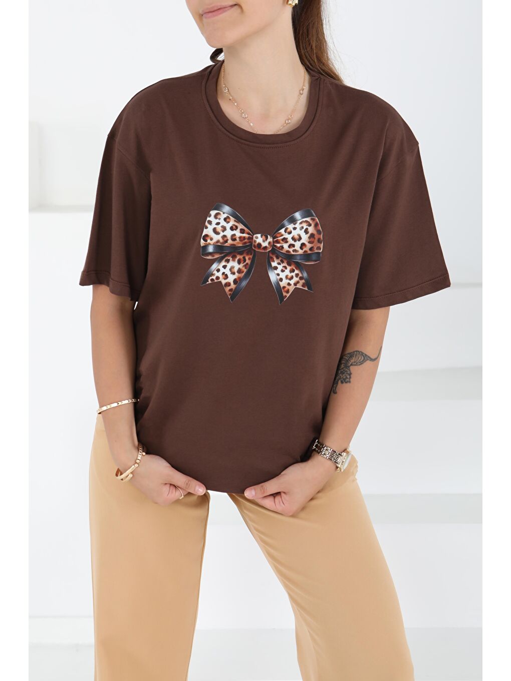 Kahverengi Baskılı Kısa Kollu T-Şhirt Kahve - 27501