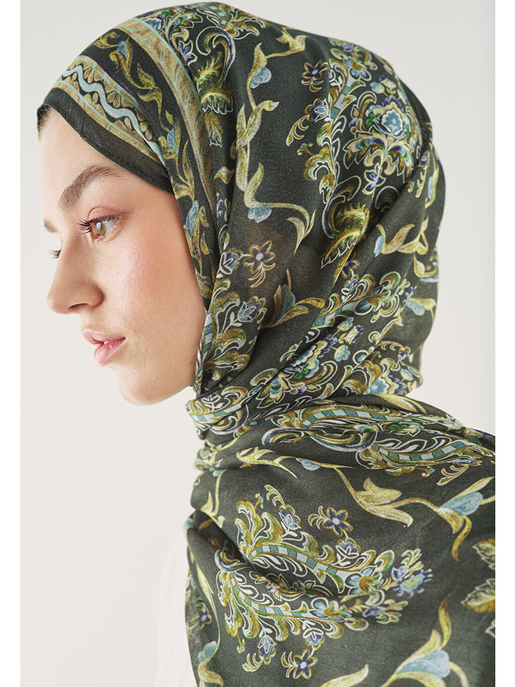 Ethnic Touch Desen Soft Viskon Şal Askeri Haki-3