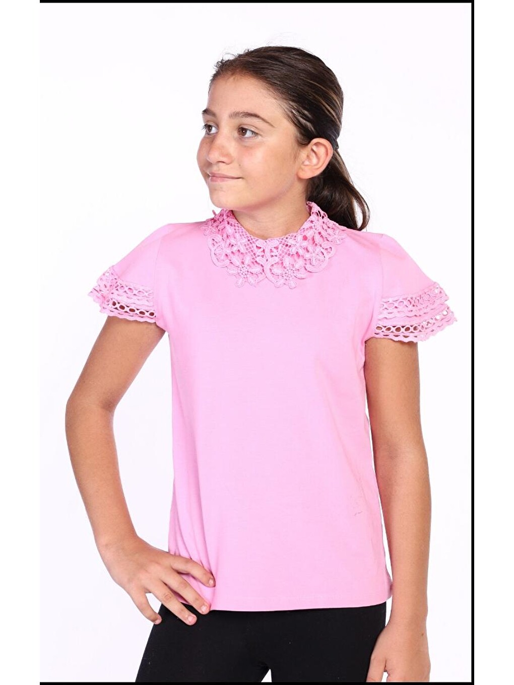 Pembe Kız Çocuk Önü Dantelli Okul Tişört 11315-1