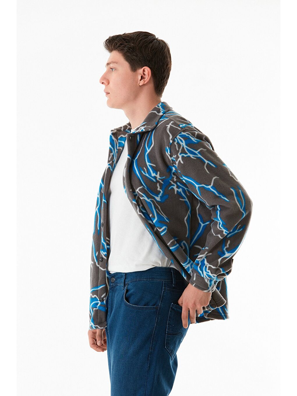 Gri Desenli Düğmeli Polar Gömlek-1