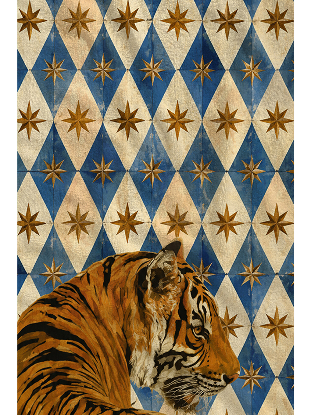 Sarı Maximalist Kaplan Mavi Altın Baklava Geometrik Desenli 70x150 Plaj Havlusu - Pamuklu Banyo Havlusu-2