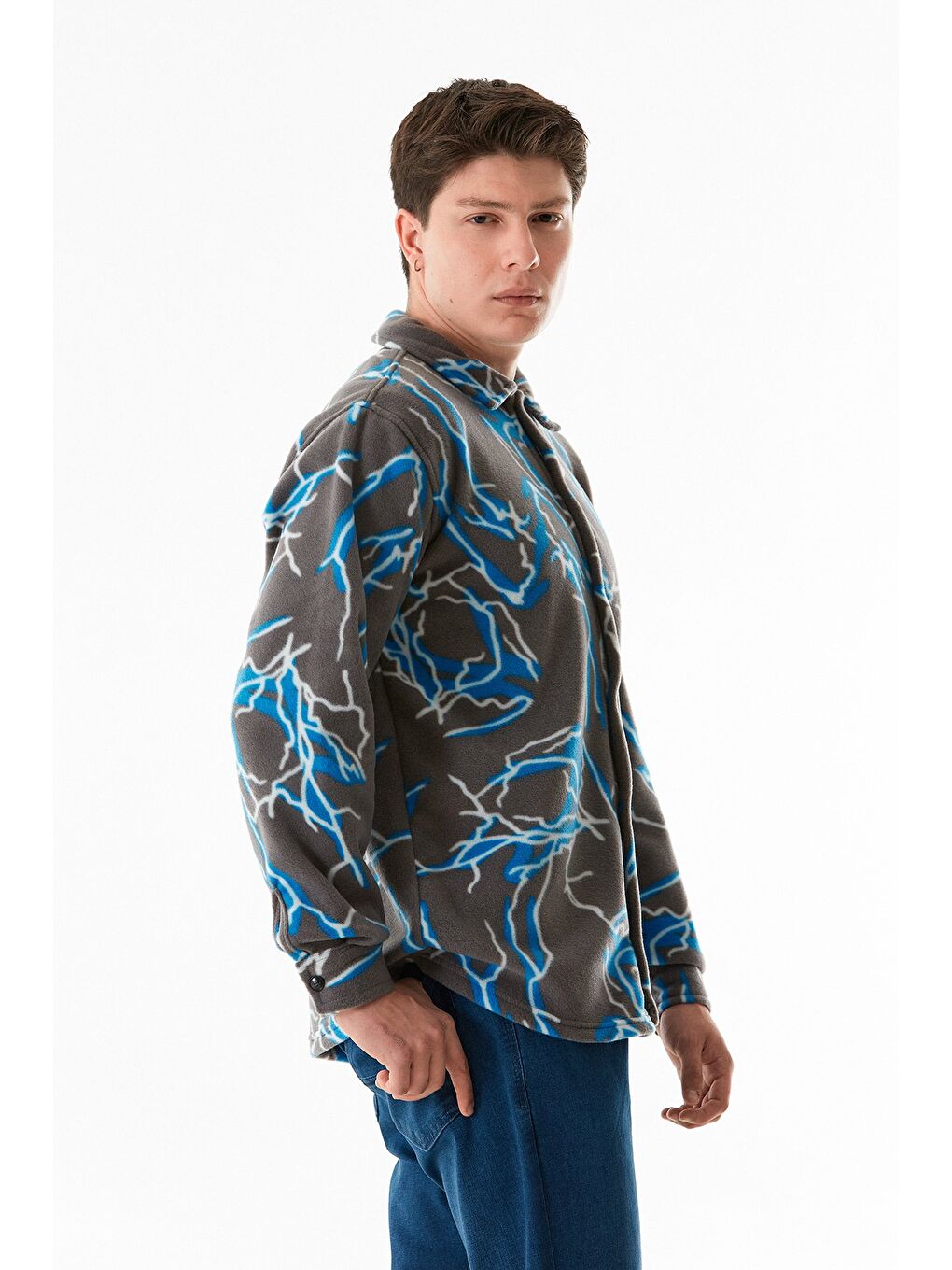 Gri Desenli Düğmeli Polar Gömlek-4