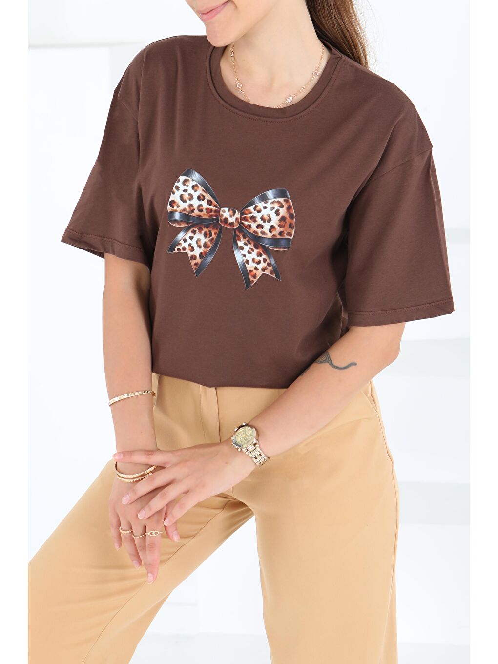 Kahverengi Baskılı Kısa Kollu T-Şhirt Kahve - 27501-1