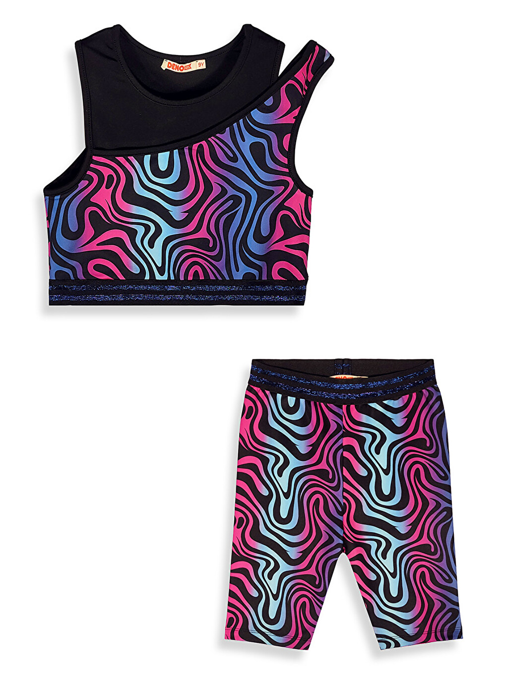 Siyah Renkli Zebra Crop Top Kız Çocuk Spor Tayt Takım