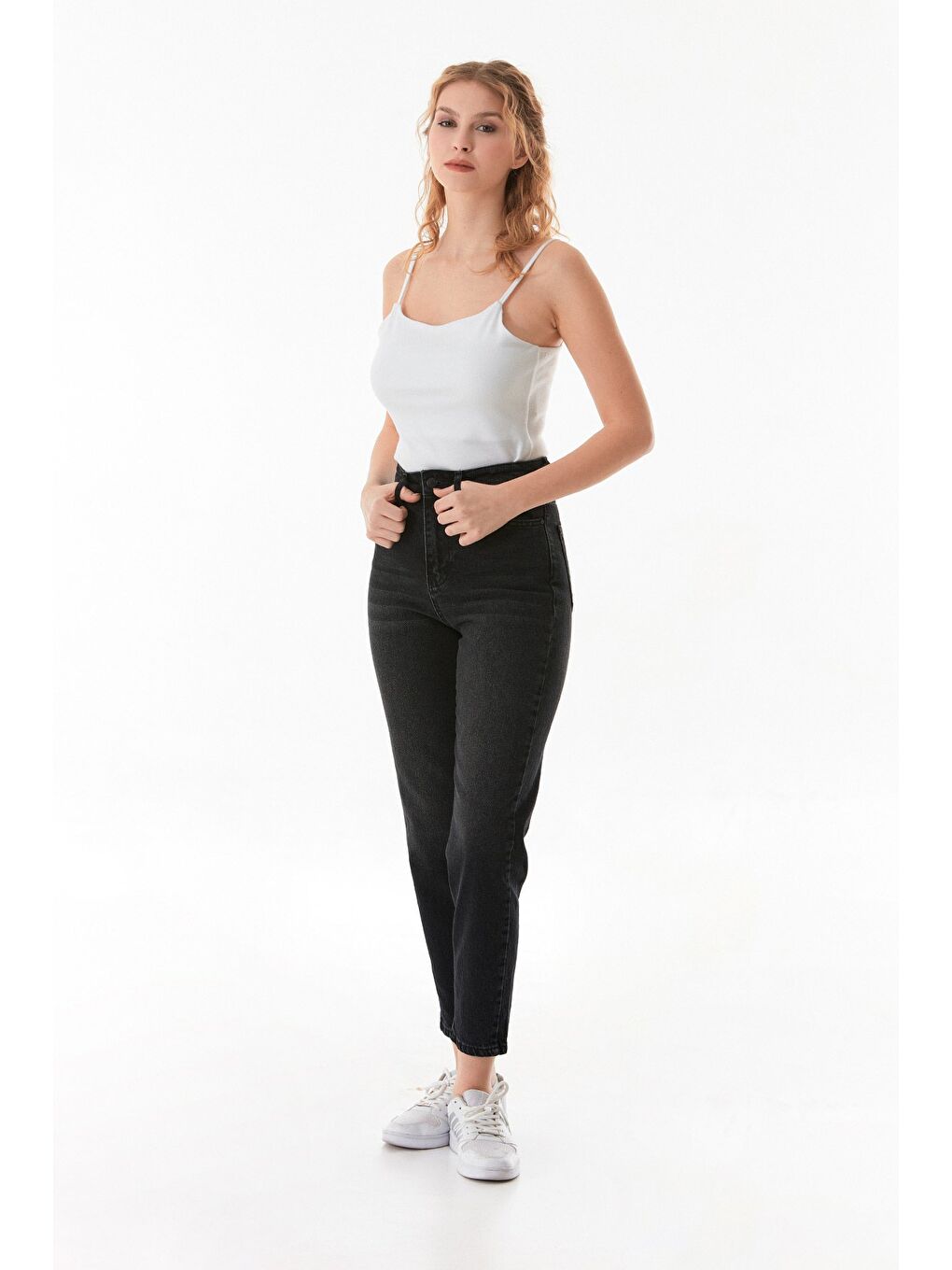 Antrasit Yüksek Bel Düğmeli Mom Jean-1