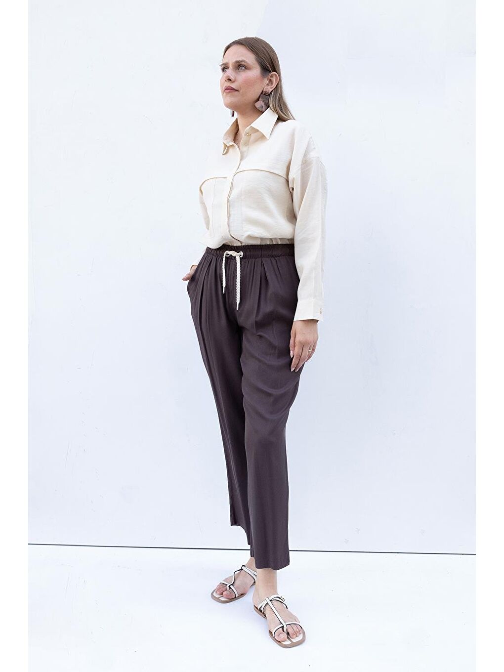 Kahverengi Kahve-Beli Lastikli Geniş Paça Pantolon-2