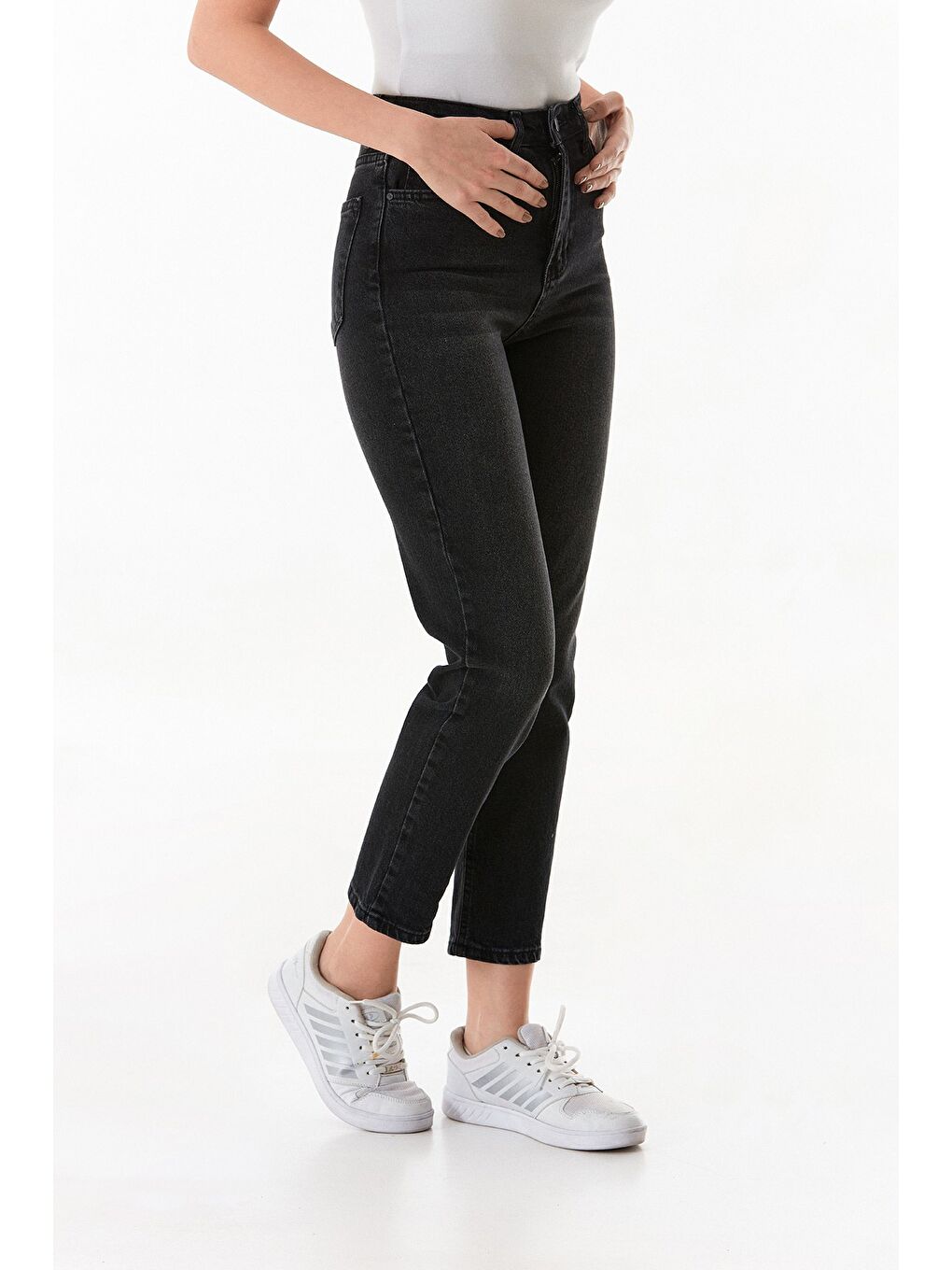 Antrasit Yüksek Bel Düğmeli Mom Jean-4