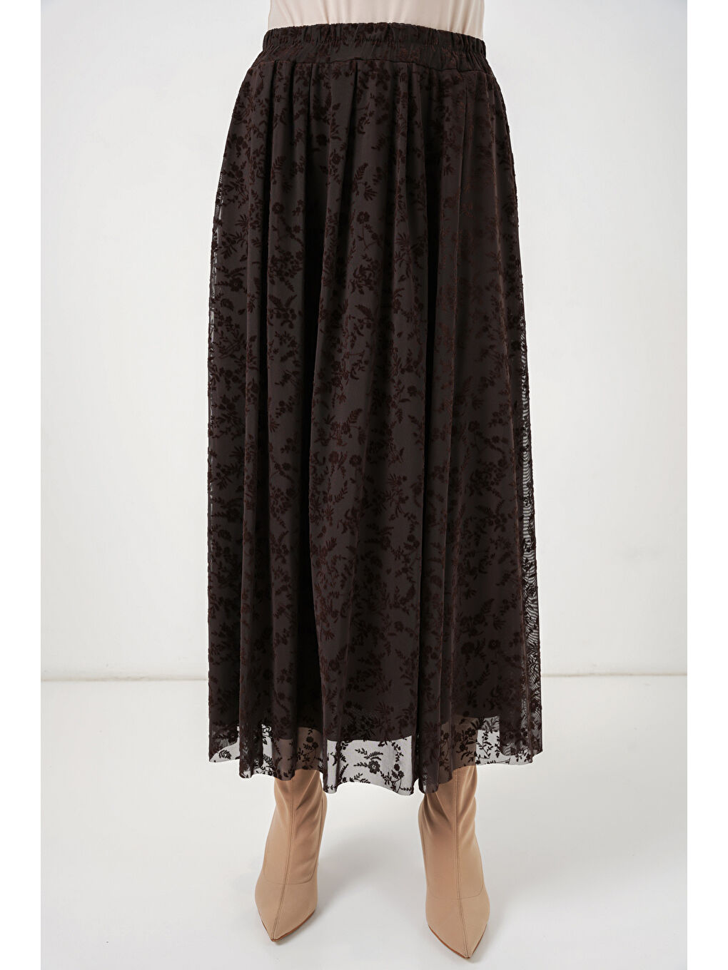 Kadın Flok Baskılı Astarlı Etek 8069 - Kahverengi-1