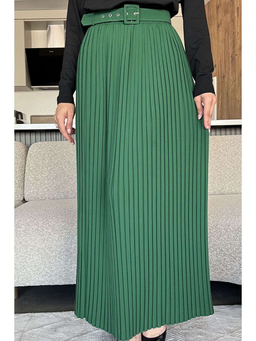 Yeşil Kemerli Pileli Tesettür Etek (s,m,l,xl Uyumludur)