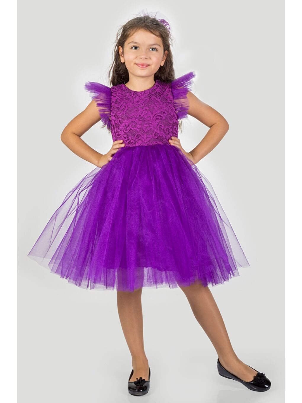 Mor Roza Dantel Tütü Kız Çocuk Abiye Elbise MNK0546
