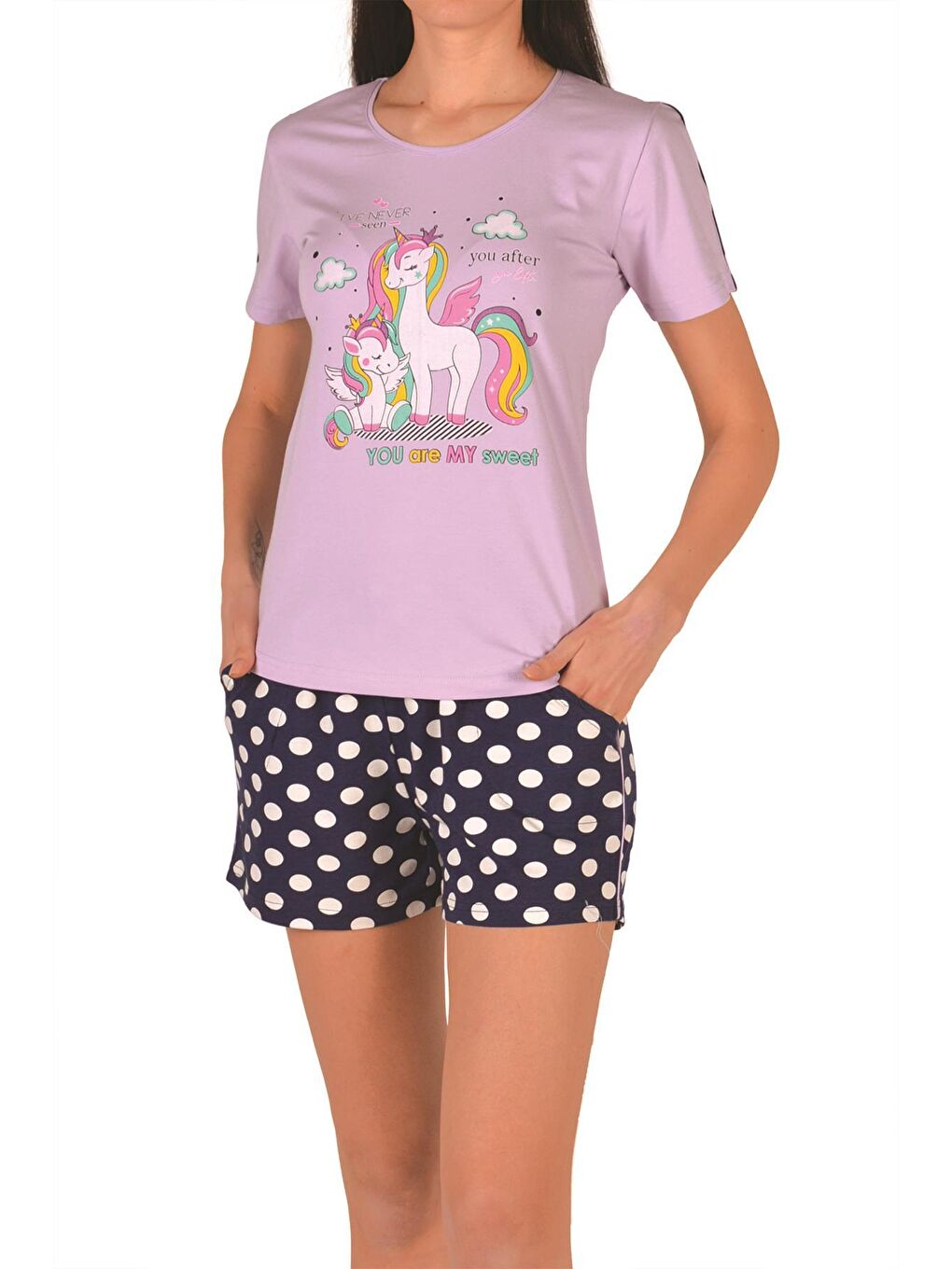 Mor Kadın Şortlu Pijama Takımı Kısa Kollu Cepli Pamuk Elastanlı