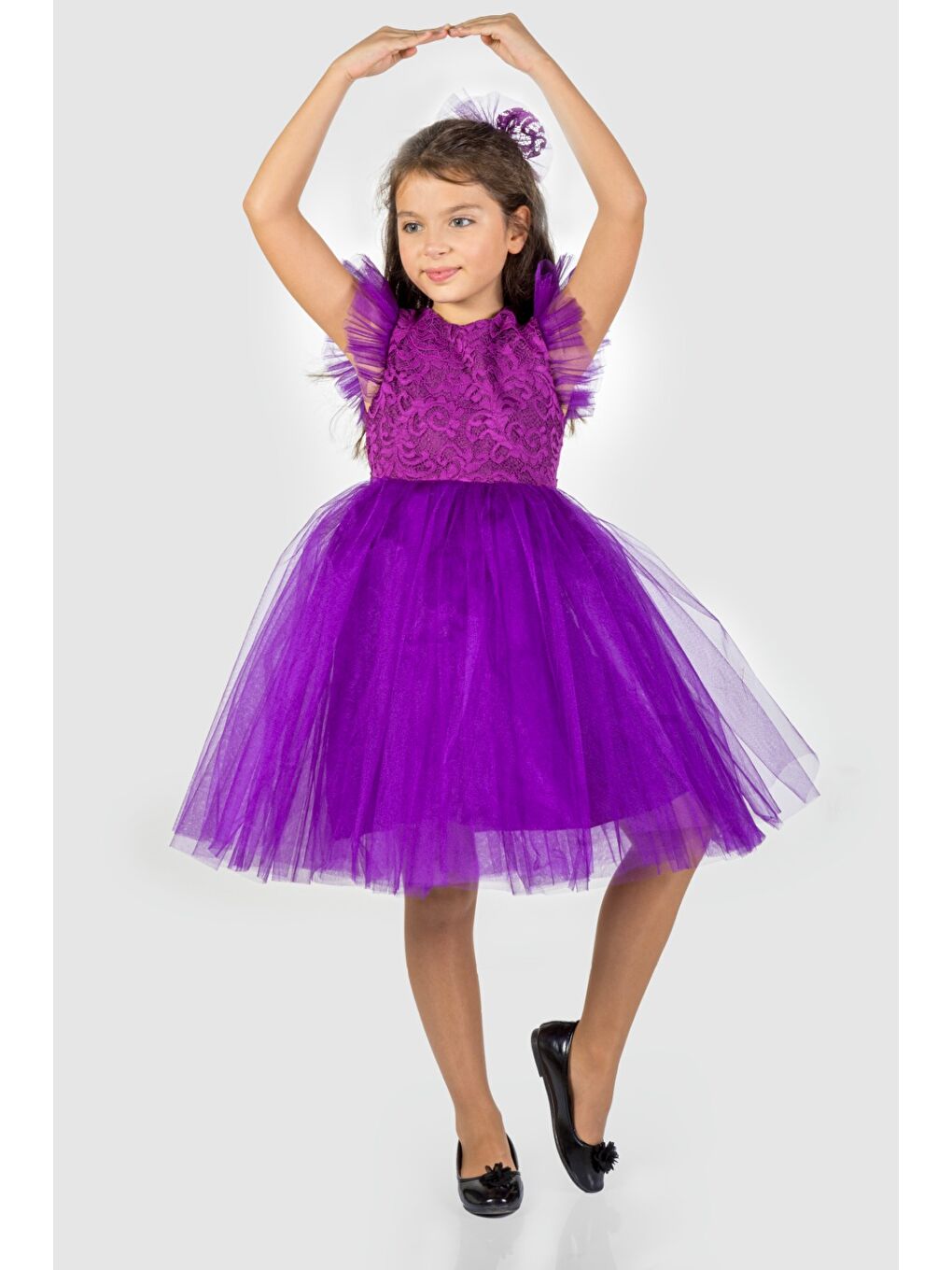 Mor Roza Dantel Tütü Kız Çocuk Abiye Elbise MNK0546-2