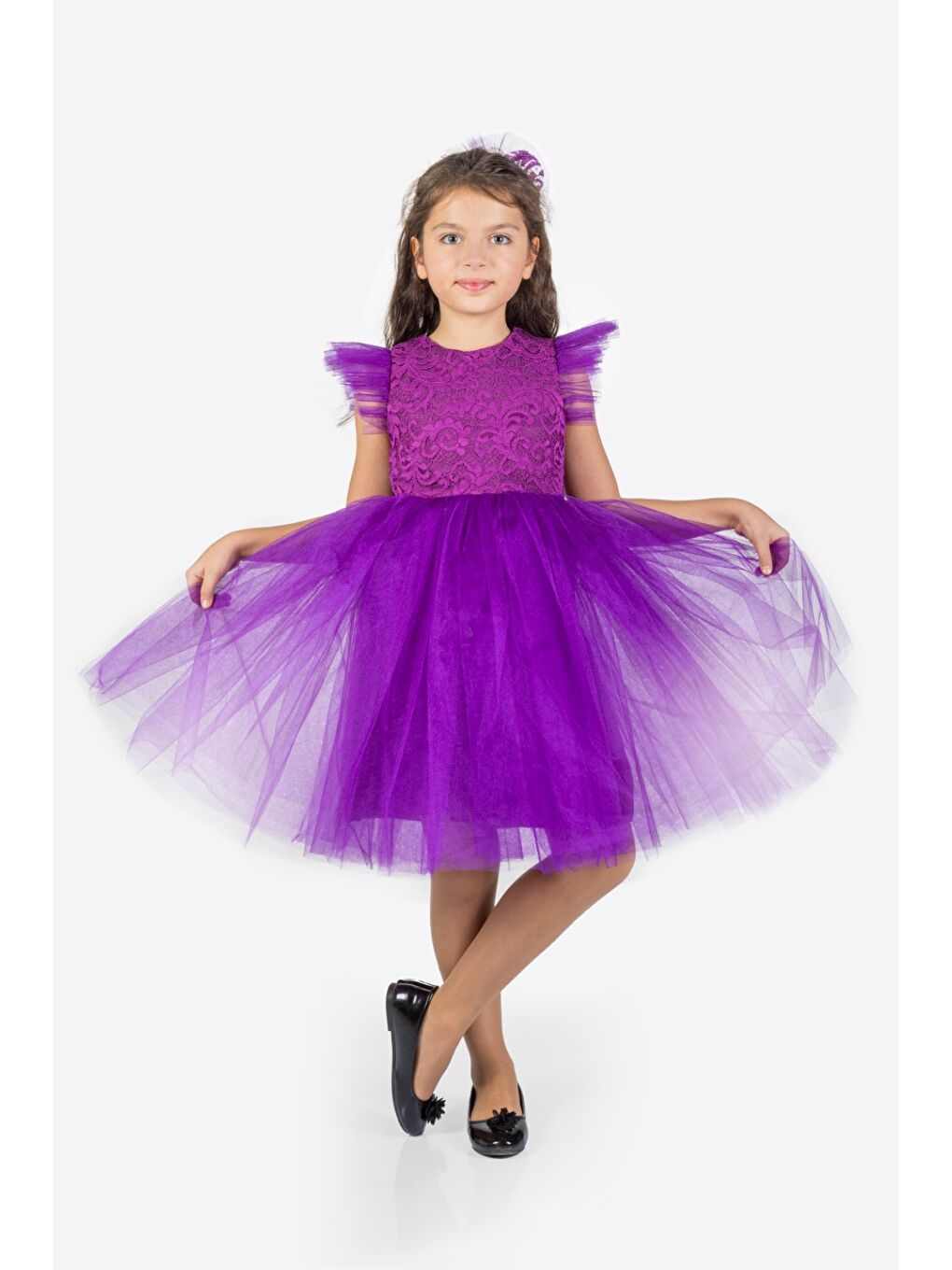 Mor Roza Dantel Tütü Kız Çocuk Abiye Elbise MNK0546-3