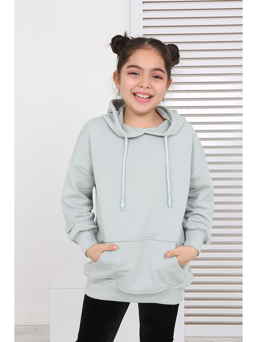 Yeşil Kız Çocuk Kanguru Cepli Sweatshirt-2