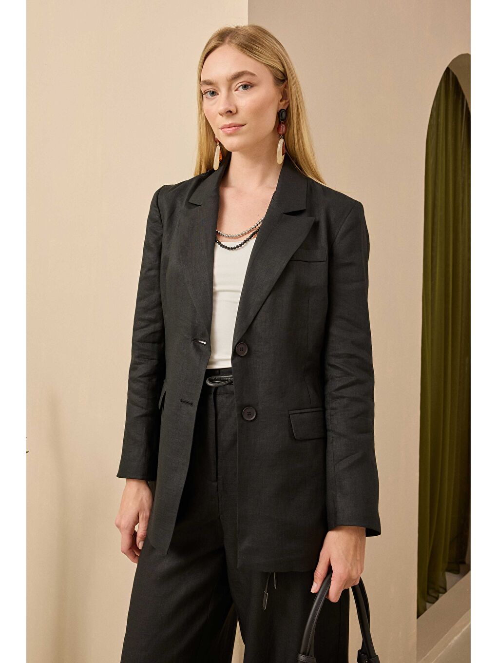 Keten Belden Oturtmalı Ceket Siyah-2