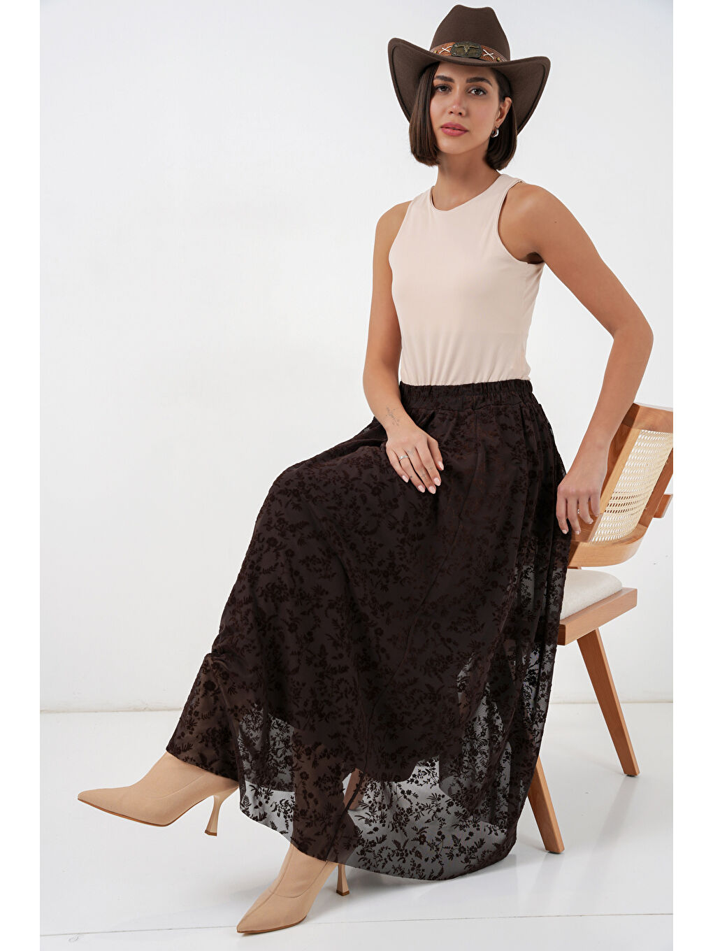 Kadın Flok Baskılı Astarlı Etek 8069 - Kahverengi-2