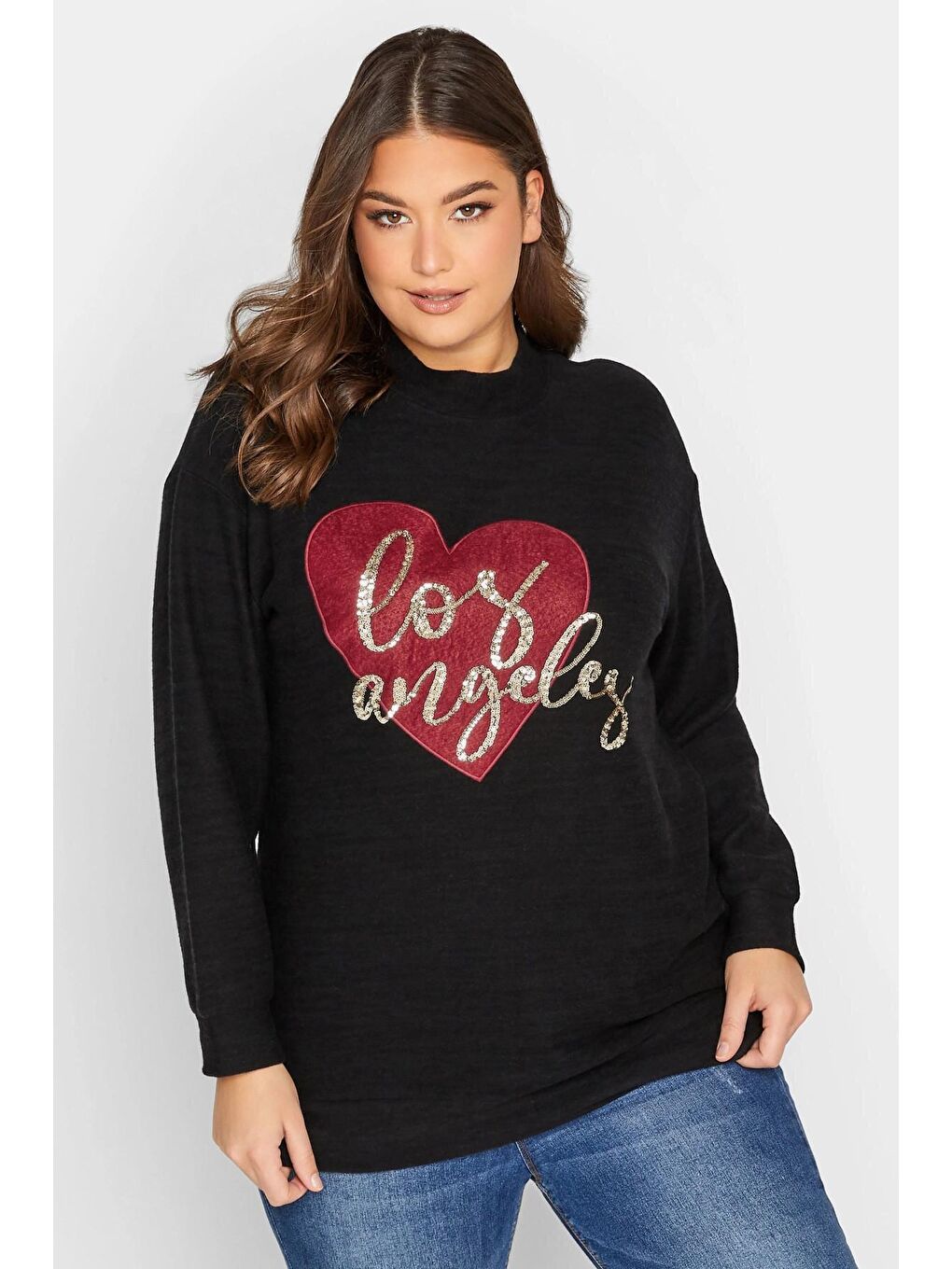 Siyah Büyük Beden Yazılı Payet Detaylı Yuvarlak Yaka Triko Kazak 301779