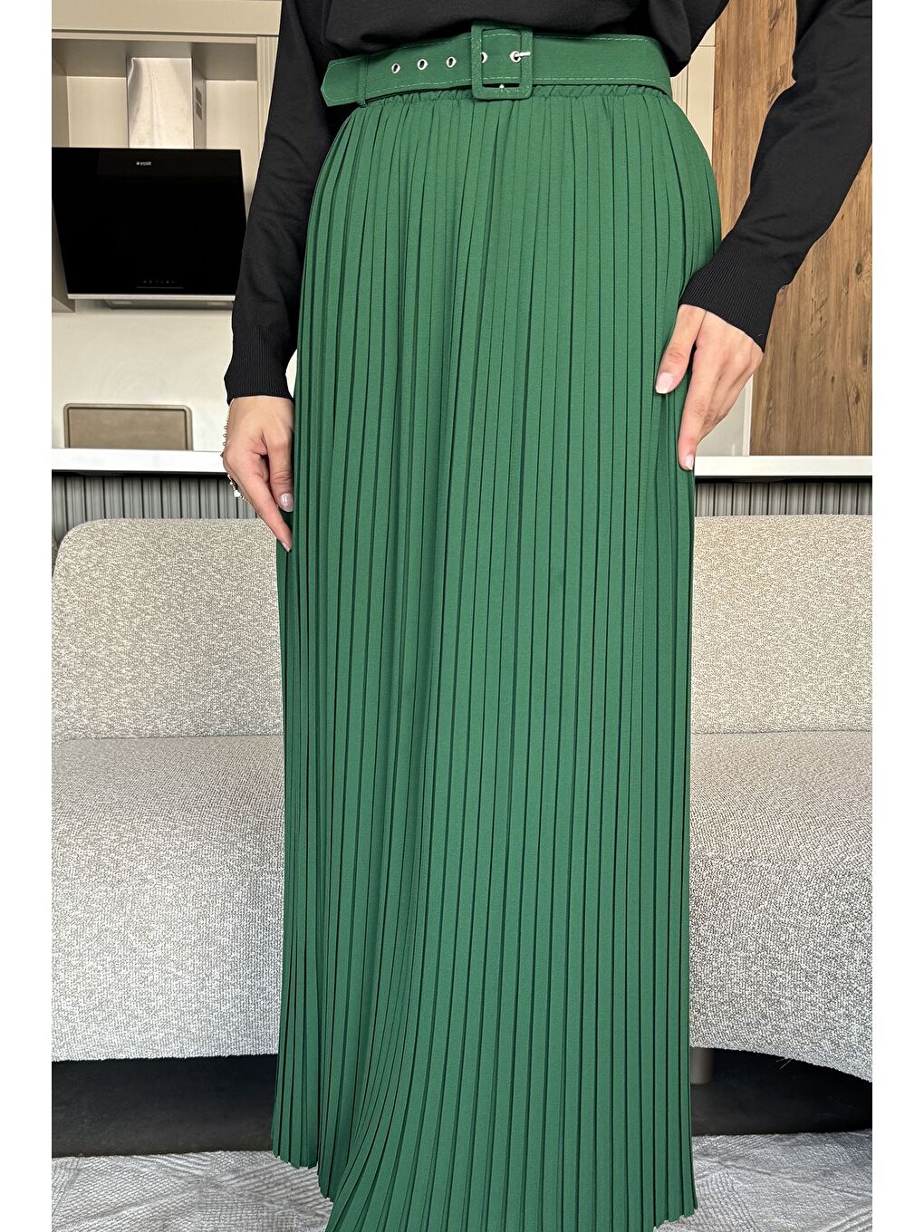 Yeşil Kemerli Pileli Tesettür Etek (s,m,l,xl Uyumludur)-2