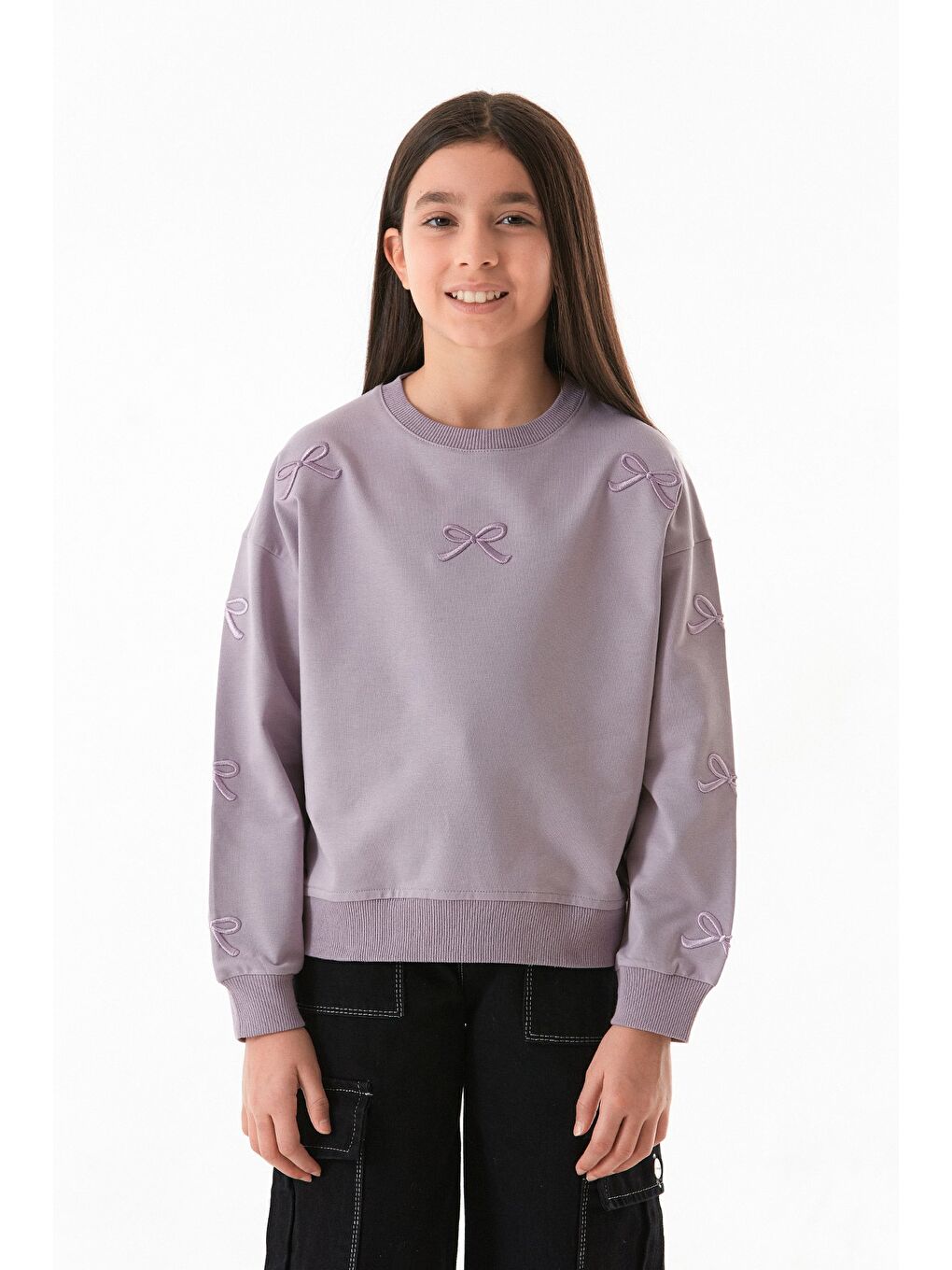 Lila Fiyonk Nakışlı Beli Lastikli Kız Çocuk Sweatshirt