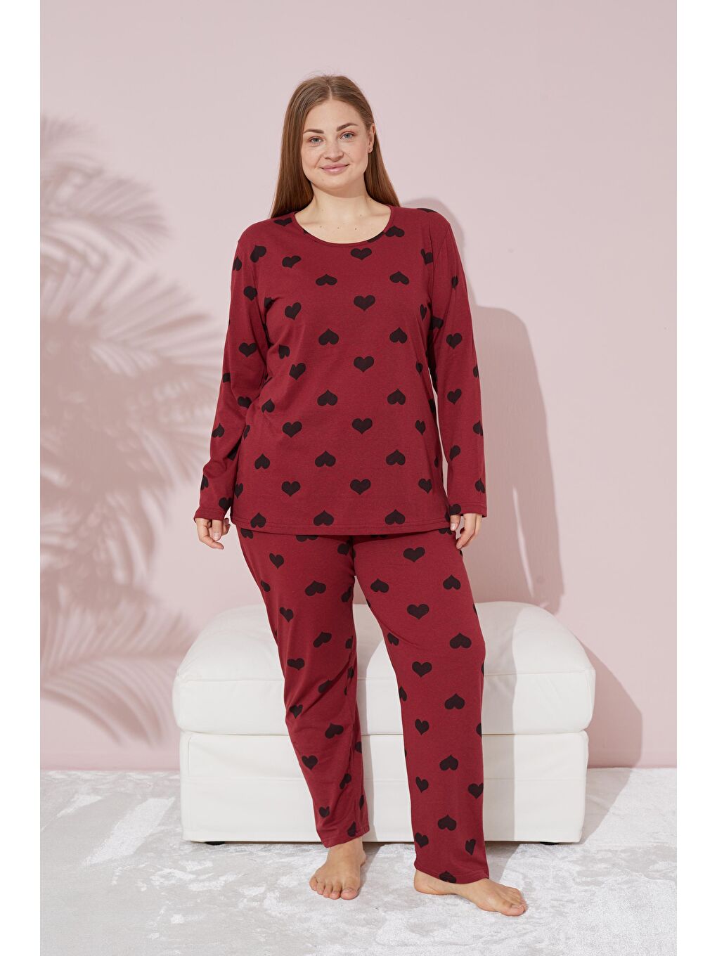 Bordo Siyah Kalp Desenli Curve Büyük Beden Örme Pamuklu Pijama Takımı