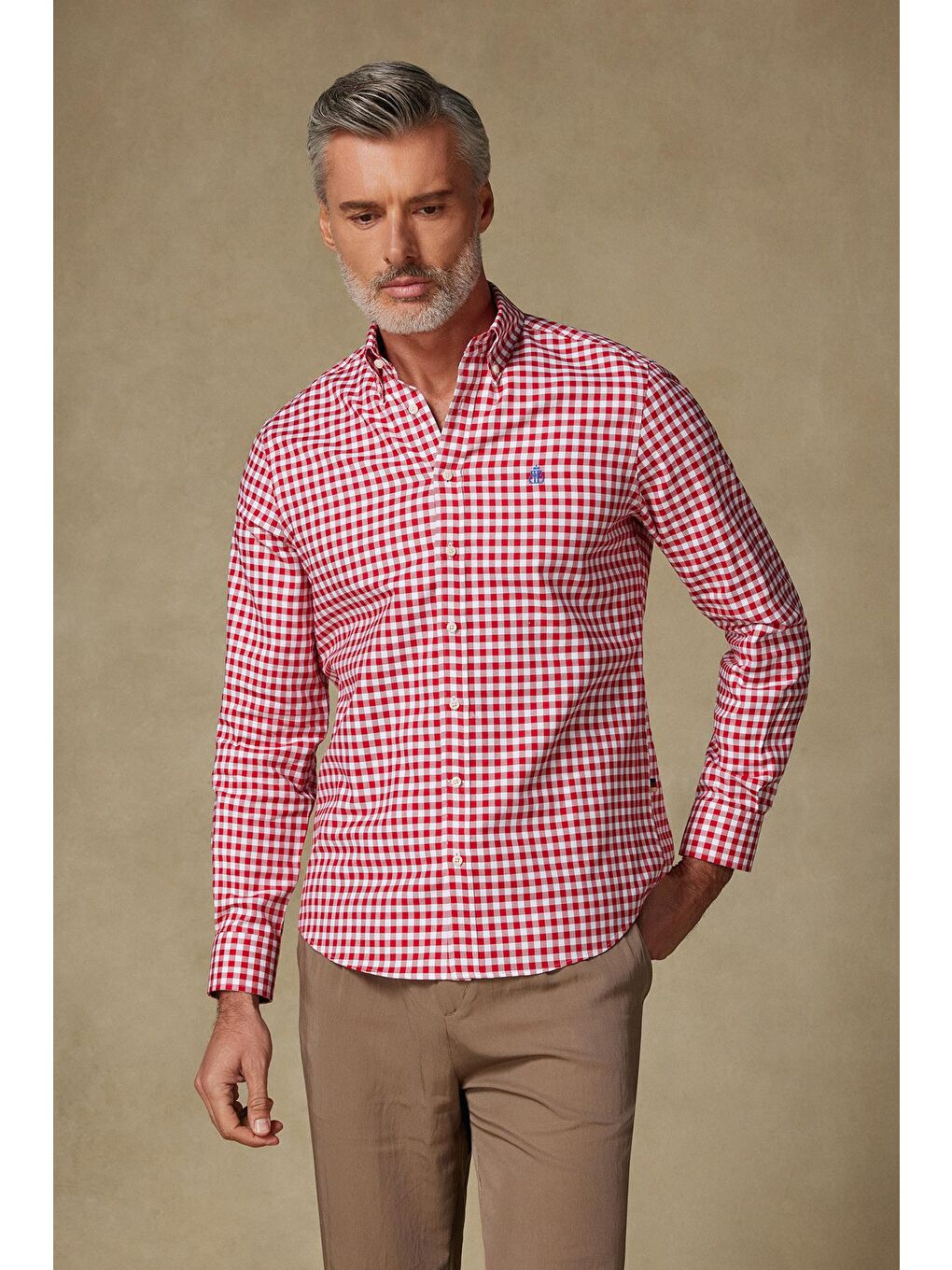 Lusso Twill Pamuklu Comfort Fit Kırmızı Düğmeli Yaka Erkek Kareli %100 Pamuk Gömlek